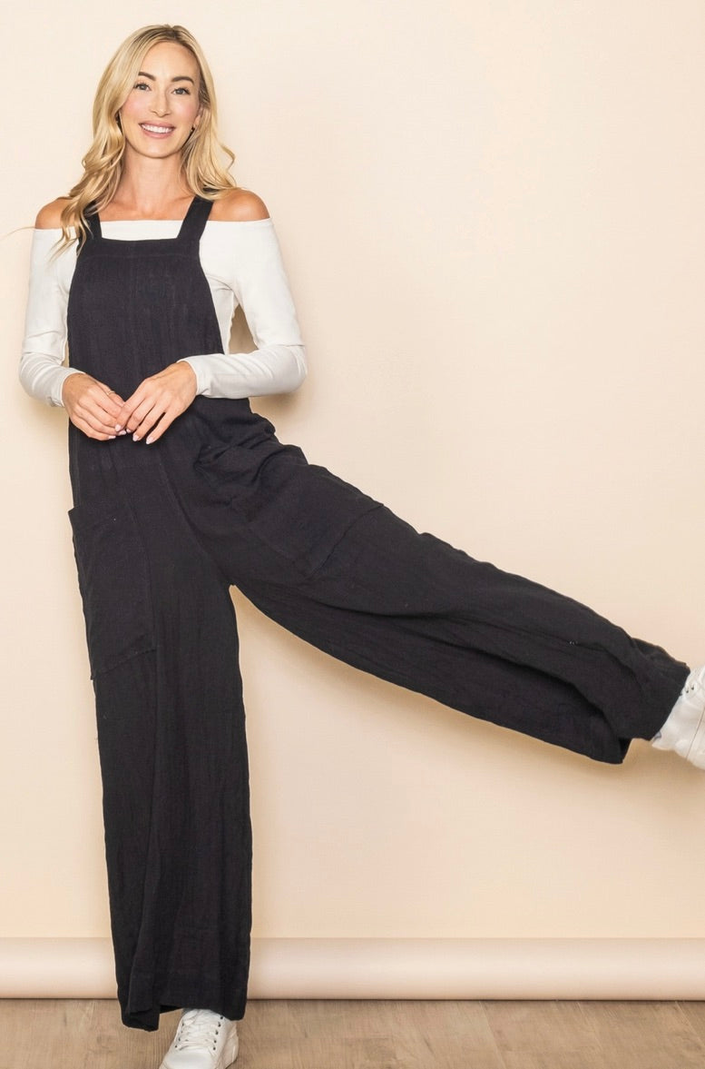 Relaxed and Casual Wide Leg Tie Back Romper Jumpsuit-Black