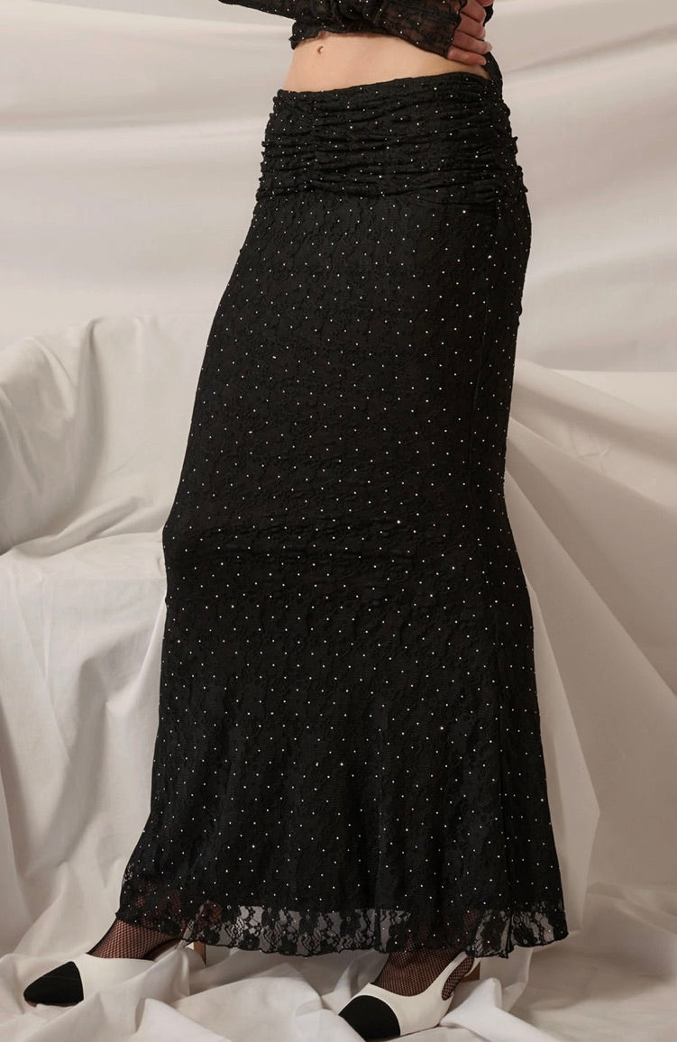 Studded Floral Lace Ruched Mermaid Maxi Skirt-Black