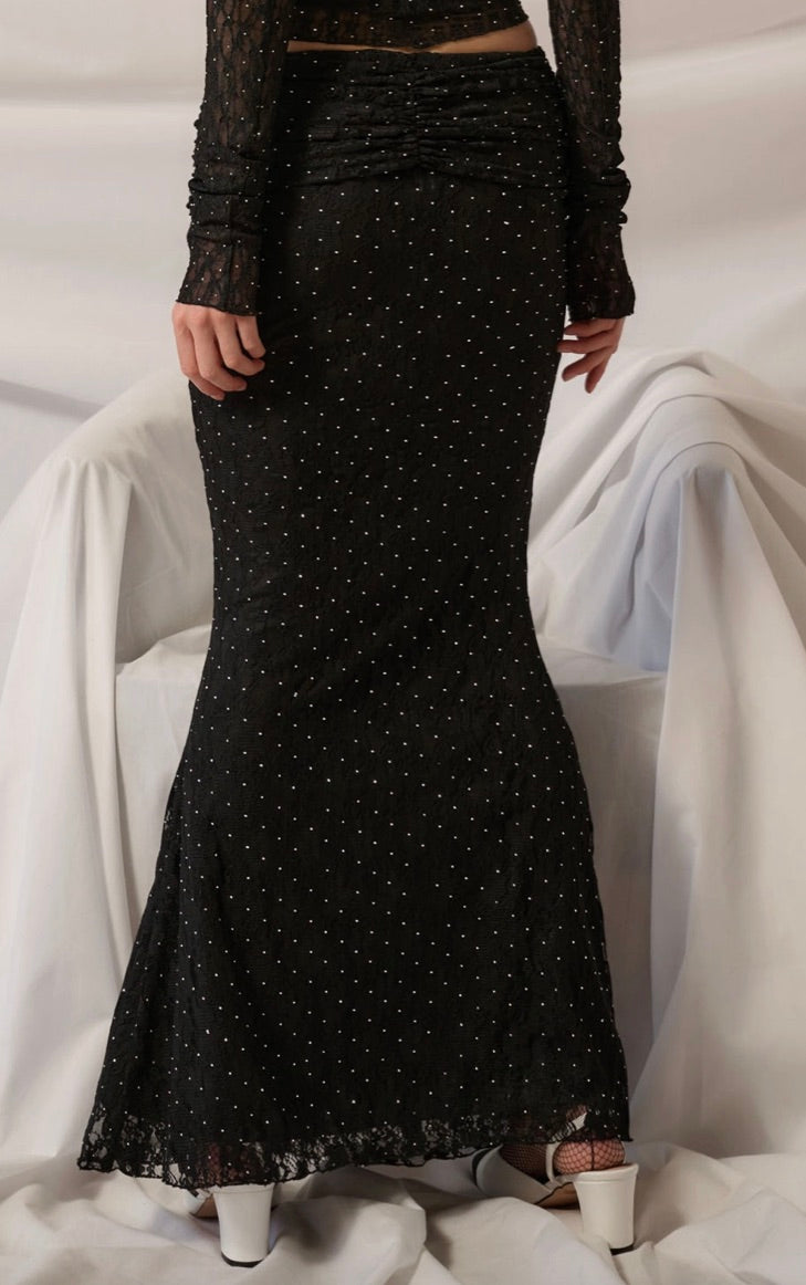 Studded Floral Lace Ruched Mermaid Maxi Skirt-Black