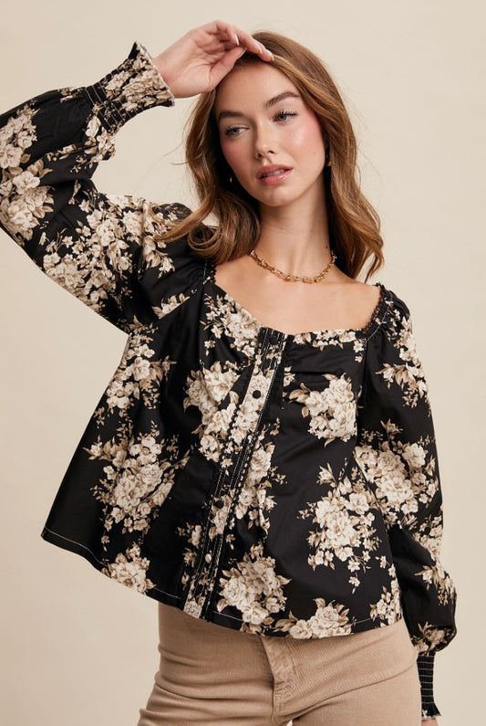 Valaria Floral Blouse-Black