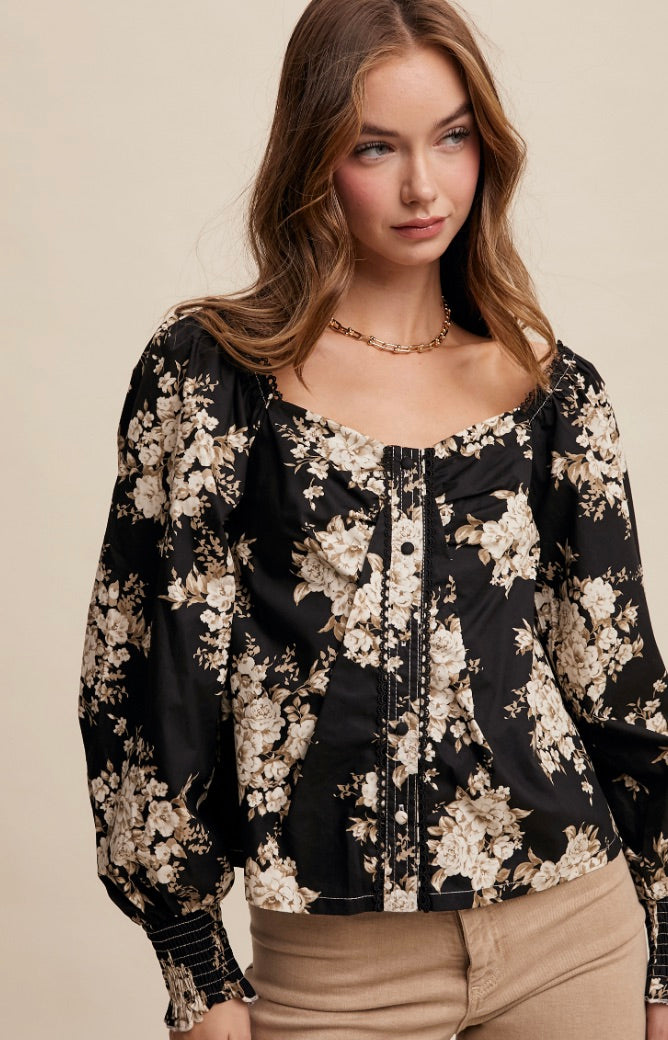 Valaria Floral Blouse-Black