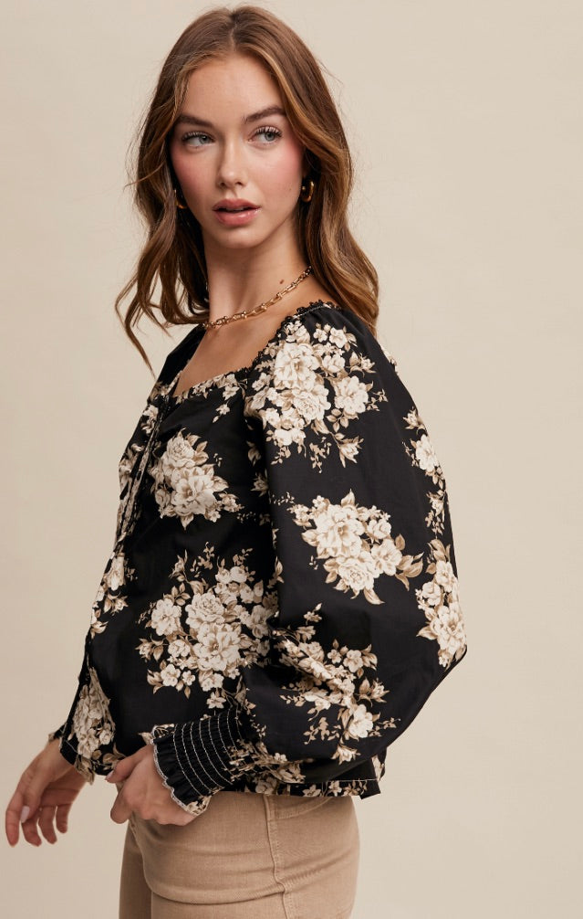 Valaria Floral Blouse-Black