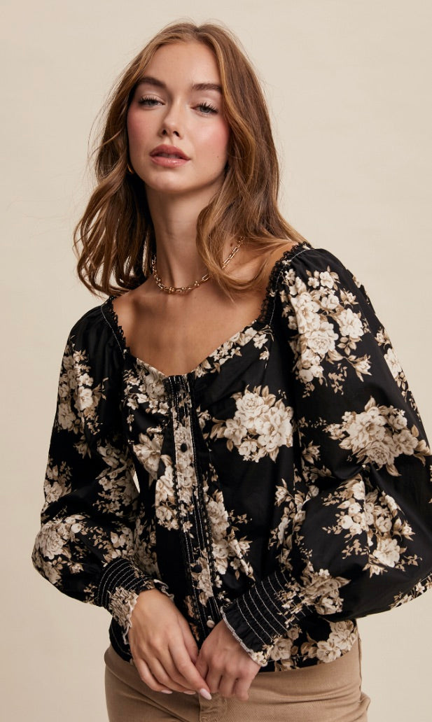 Valaria Floral Blouse-Black