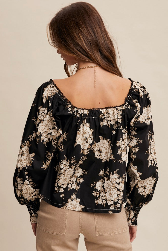 Valaria Floral Blouse-Black