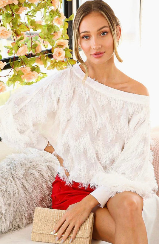 Boatneck Long-Sleeve with Cuffs Fringe Detail Blouse -White