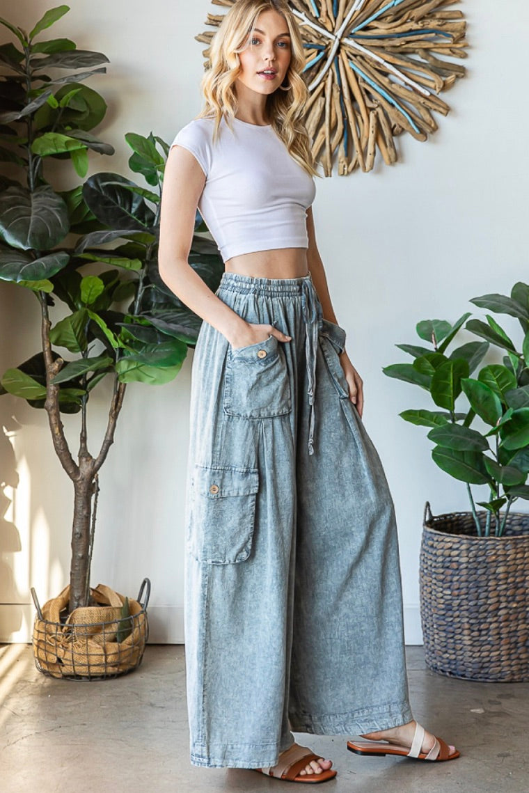 WASHED 3D POCKET SLOUCHY WIDE LEG PANTS-Slate