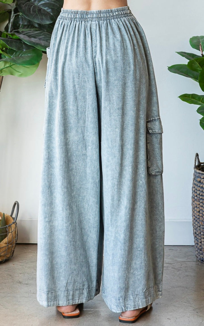 WASHED 3D POCKET SLOUCHY WIDE LEG PANTS-Slate