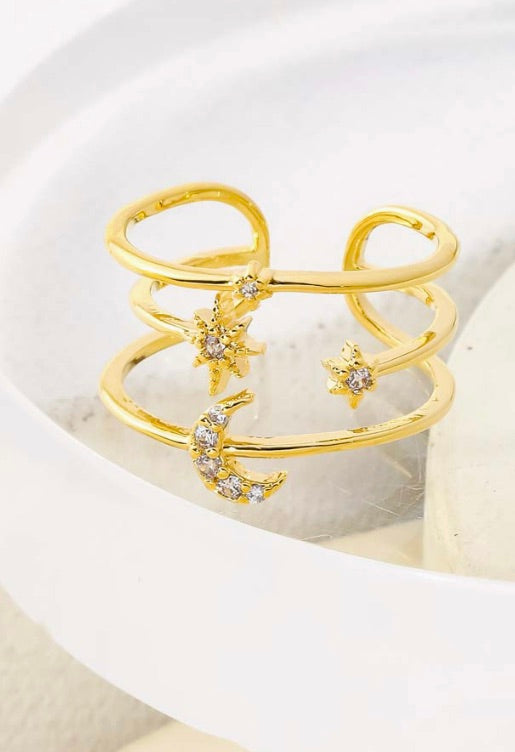 Three Line Star Moon Ring-Gold