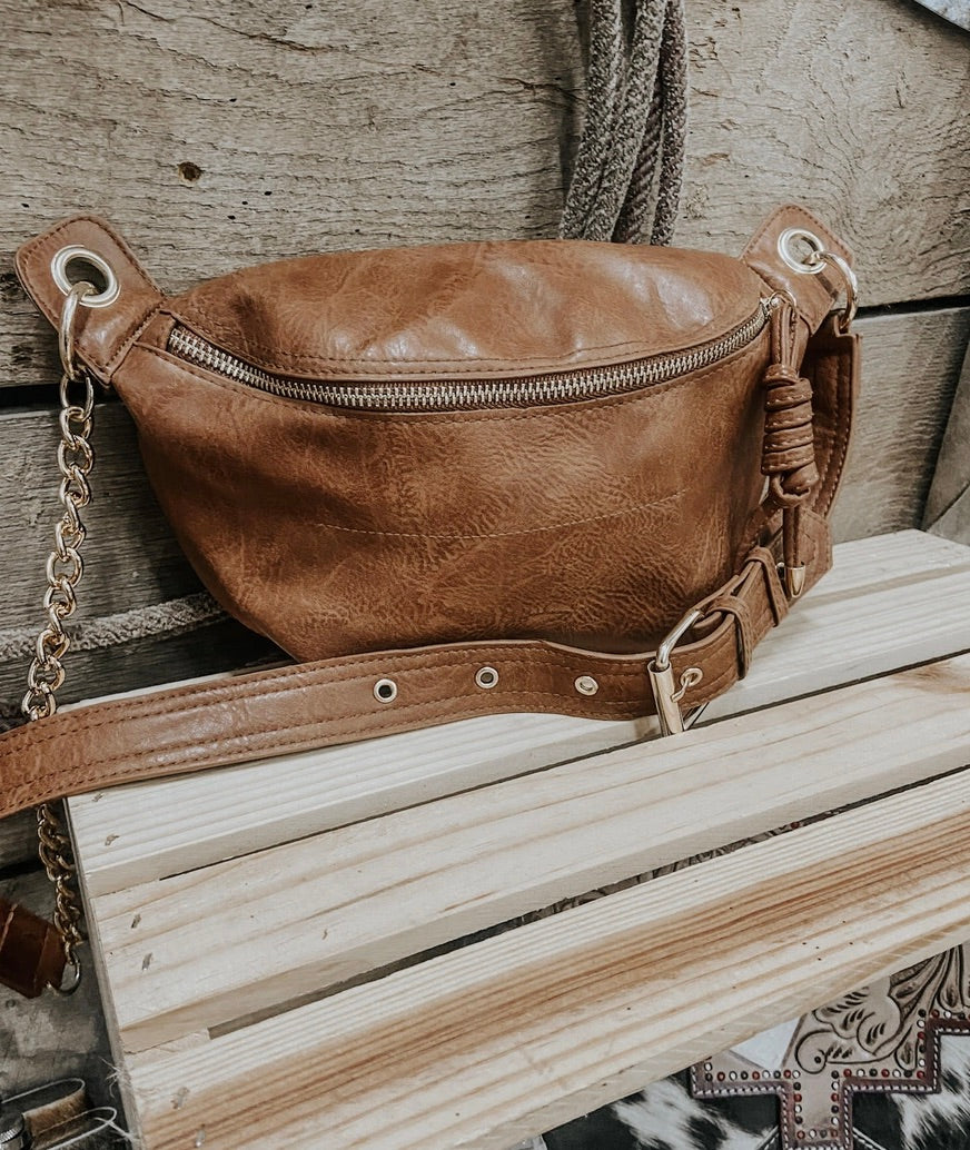 Leather Sling Purse with Gold Chain Accent