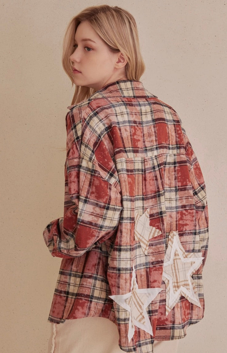 Oversized Plaid Shirt with Star Patches-Multi Red