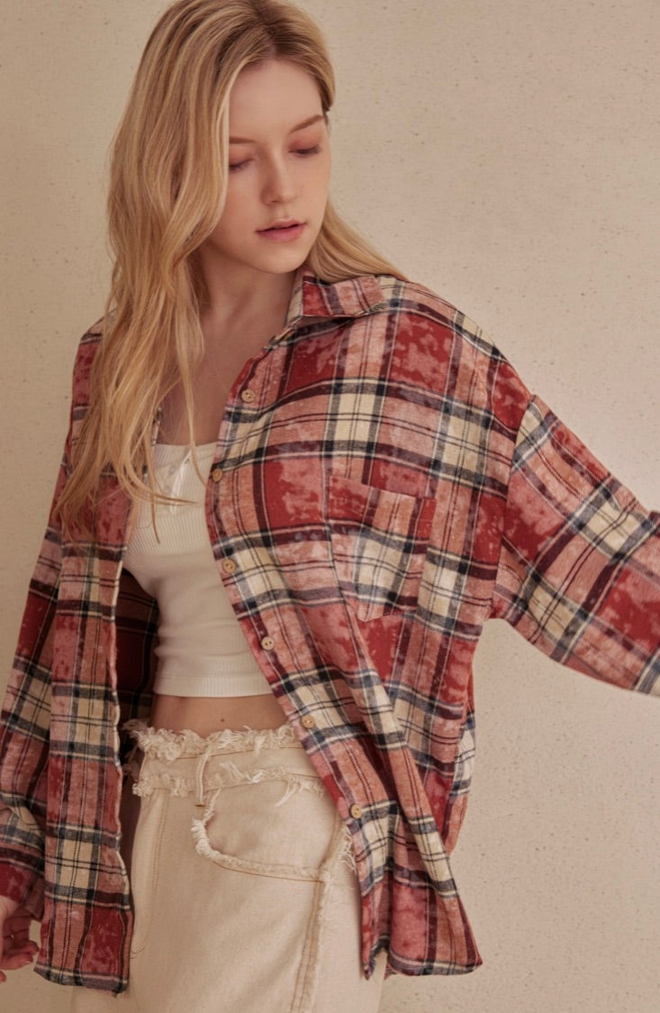 Oversized Plaid Shirt with Star Patches-Multi Red