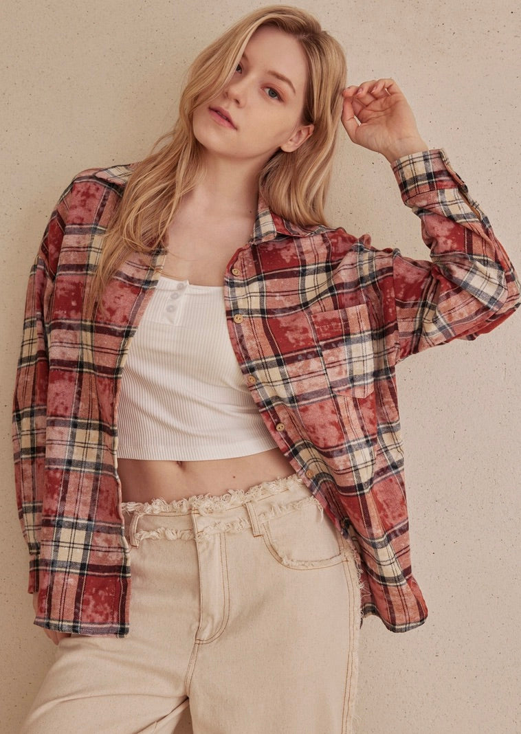 Oversized Plaid Shirt with Star Patches-Multi Red