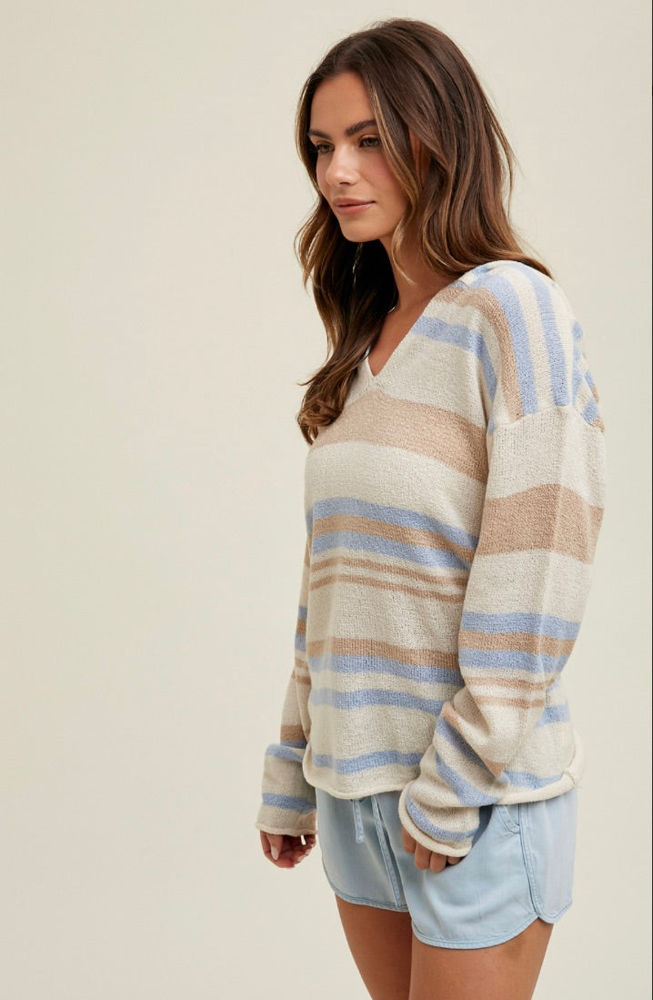 Kobie Striped Hoodie Shirt-Cream/Sky