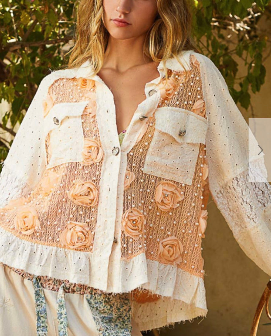 Charlotte Lace Fabric Patch Jacket-Apricot/Cream