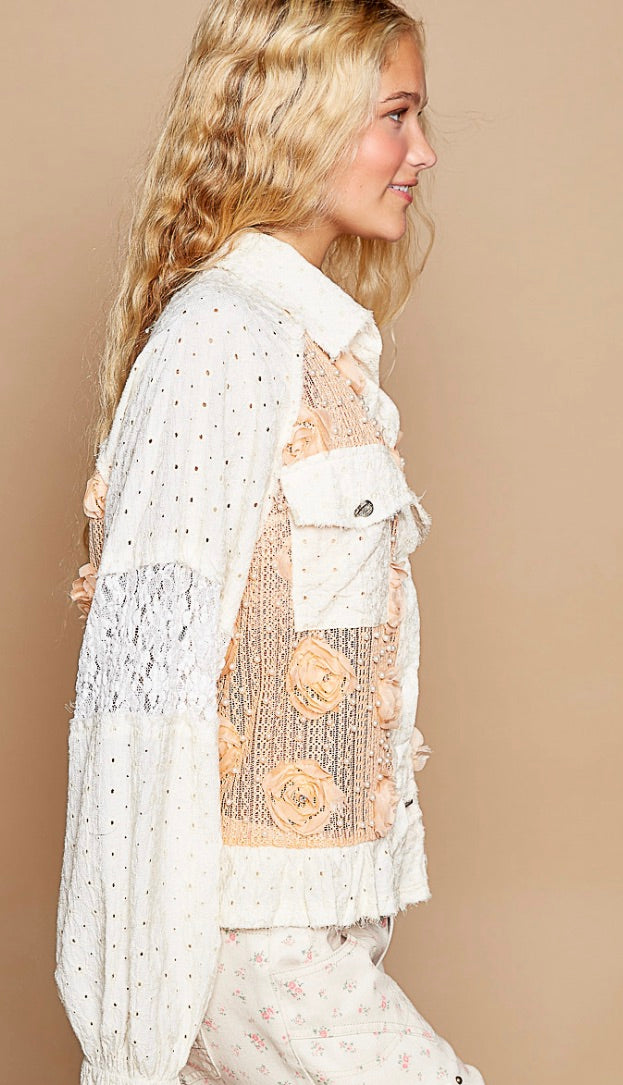 Charlotte Lace Fabric Patch Jacket-Apricot/Cream