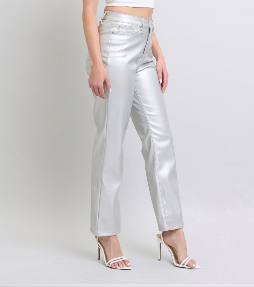 Brilliant HW Tummy Control Metallic Silver Faux Leather Straight