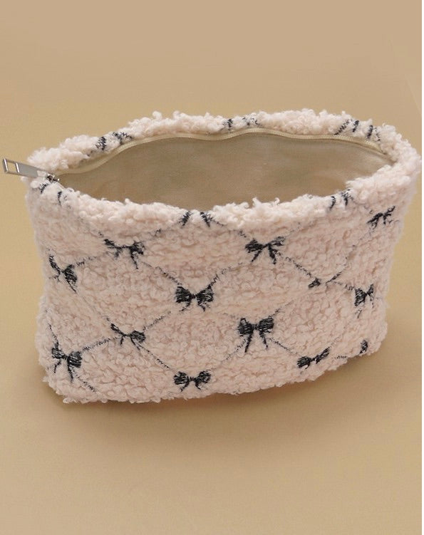 Bow Soft Lamb Wool Cosmetic Pouch Bag