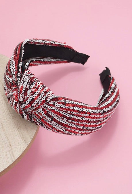 Sequin Stripe Embellished Knot Headband-Black or Red/White Stripe