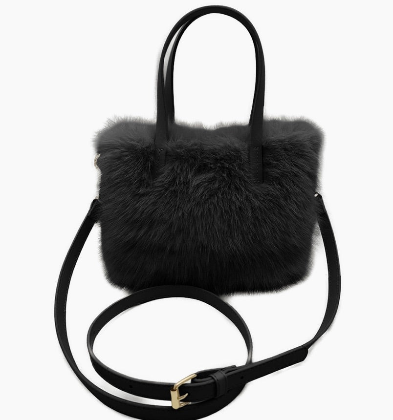 Mini Square Faux Fur Crossbody Tote Bag-Black