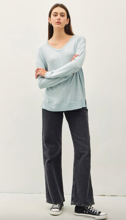 ROUND NECK HACCI BRUSHED PULLOVER KNIT TOP-Dusty Aqua