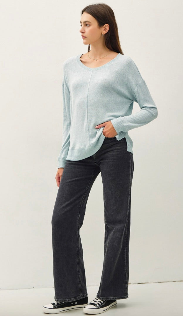 ROUND NECK HACCI BRUSHED PULLOVER KNIT TOP-Dusty Aqua