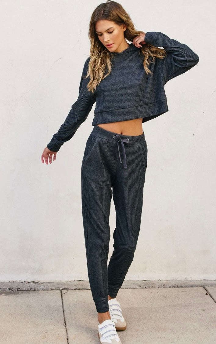 Ribbed Heather Hoodie and Pants Set-Dk Charocoal