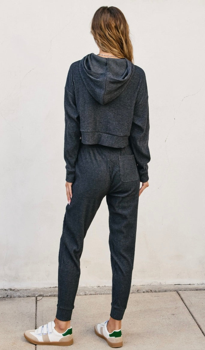 Ribbed Heather Hoodie and Pants Set-Dk Charocoal