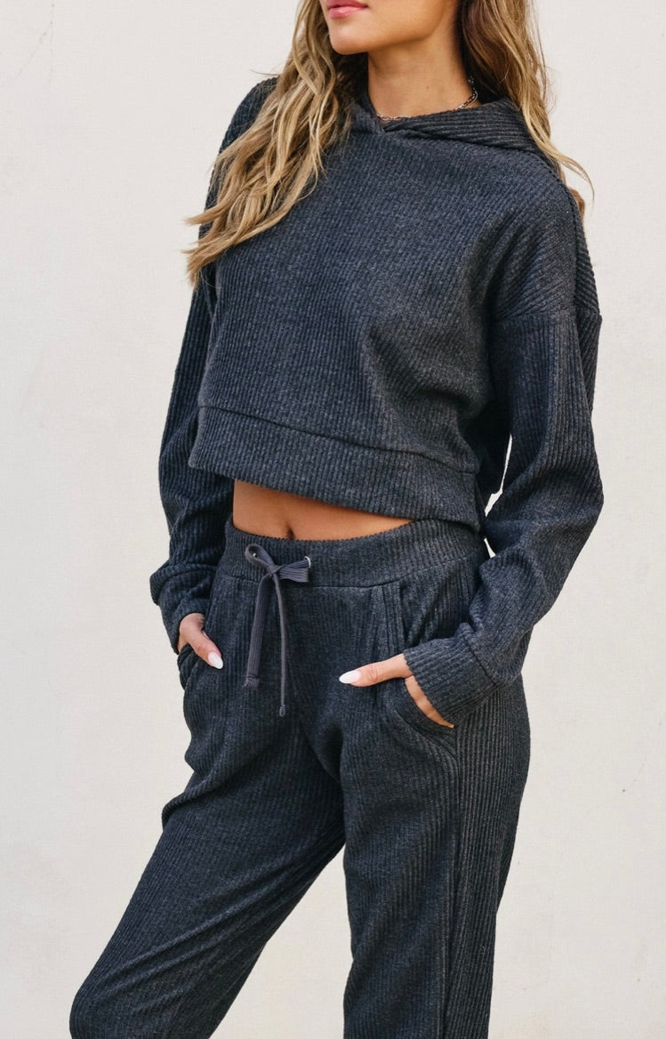 Ribbed Heather Hoodie and Pants Set-Dk Charocoal