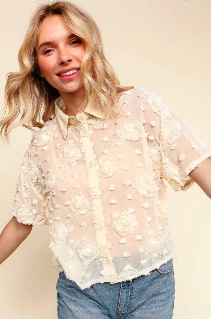 ROSETTE JACQUARD CHIFFON SHORT SLEEVE SHIRT-Cream