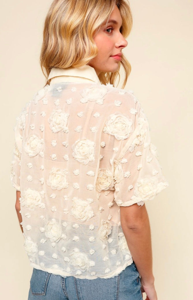 ROSETTE JACQUARD CHIFFON SHORT SLEEVE SHIRT-Cream