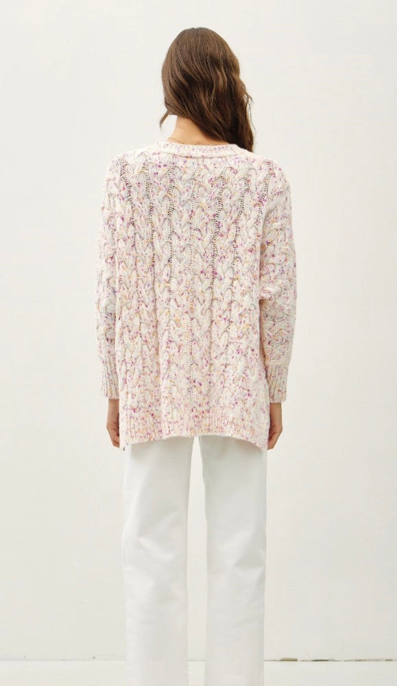CHUNKY SPECKLED WOOL YARN CABLE KNIT SWEATER