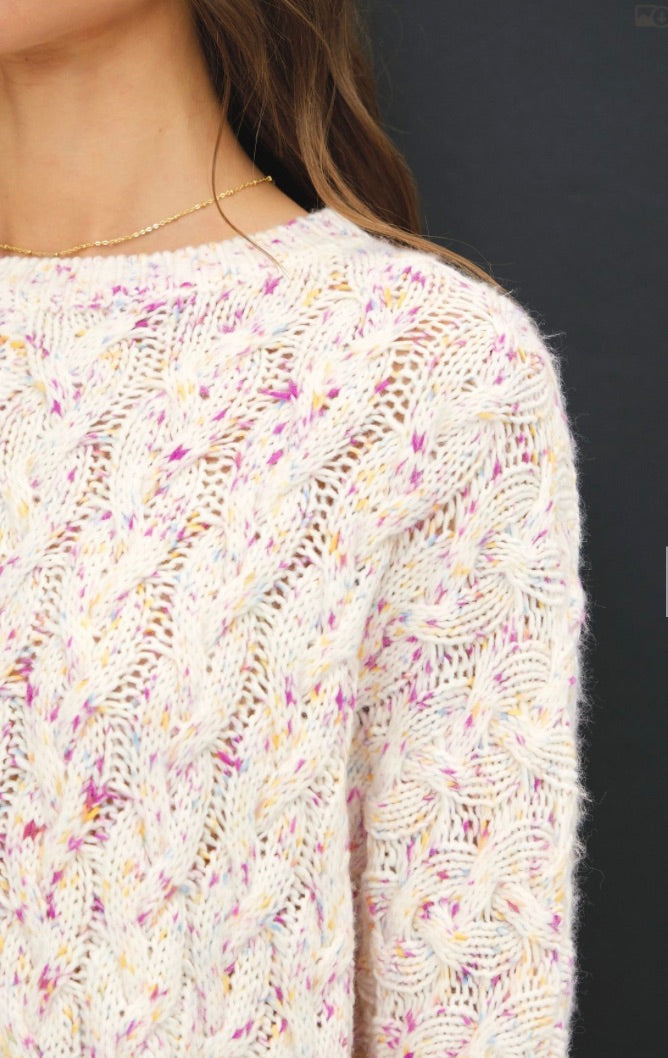 CHUNKY SPECKLED WOOL YARN CABLE KNIT SWEATER