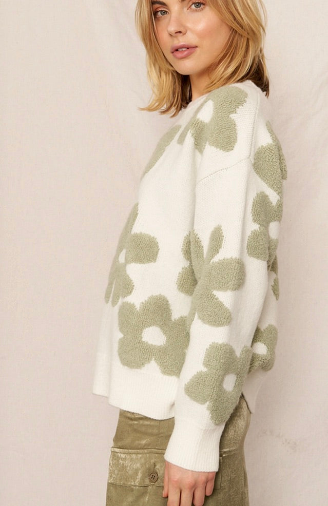 Round Neck Flower Jacquard Knit Sweater-Ivory/Sage