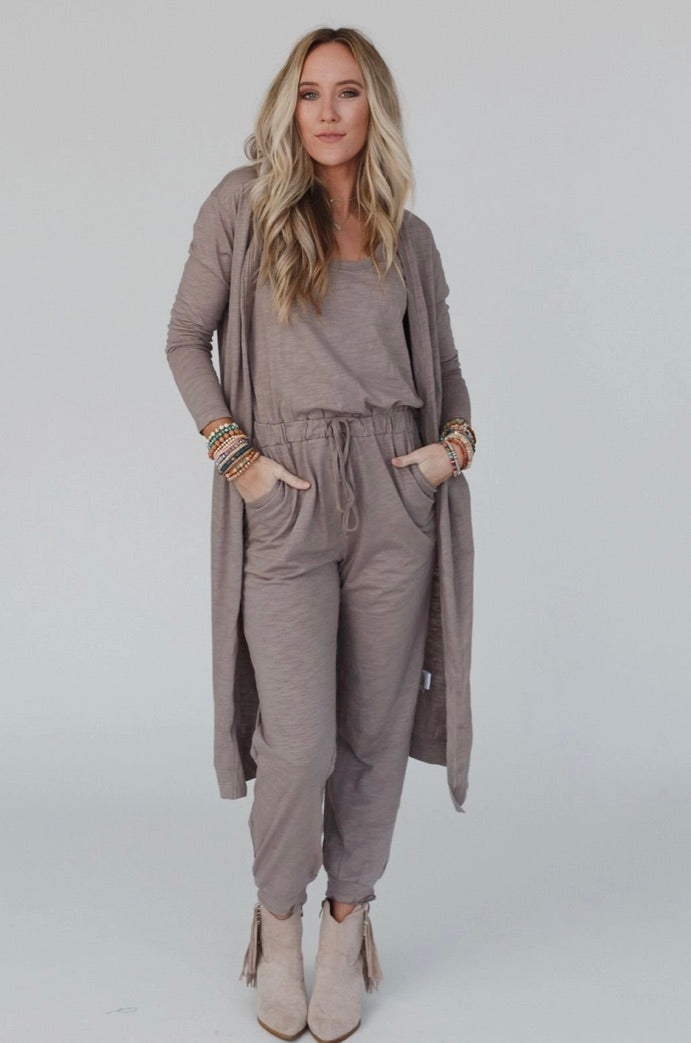 Set To Go Textured Jumpsuit and Cardigan Set - Mocha