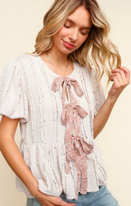 PUFF SHORT SLEEVE RIBBON BABYDOLL LACE TOP