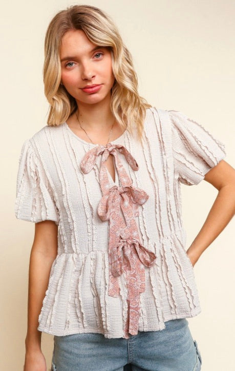 PUFF SHORT SLEEVE RIBBON BABYDOLL LACE TOP