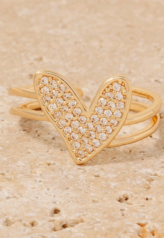 Cubic Zirconia Pave Heart Charm Open Band Ring-GD