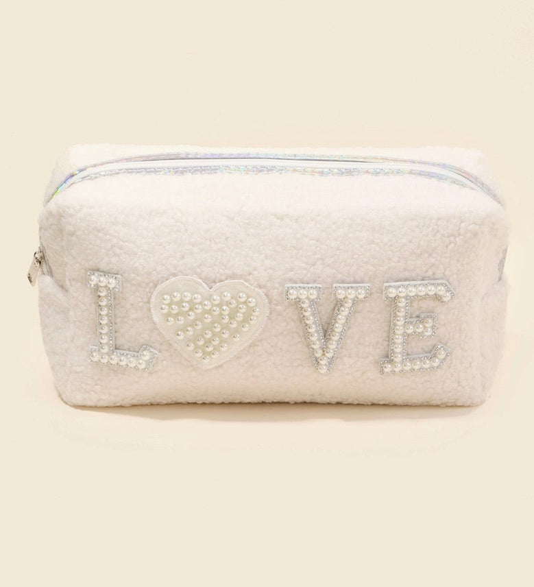 Pearly Studded Love Sherpa Pouch-Ivory