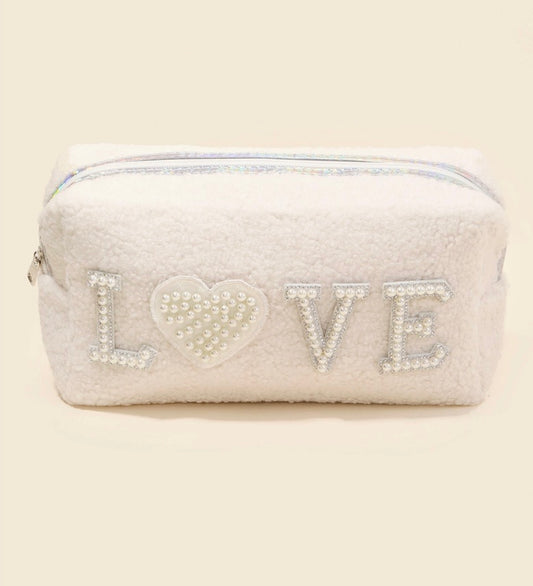 Pearly Studded Love Sherpa Pouch-Ivory