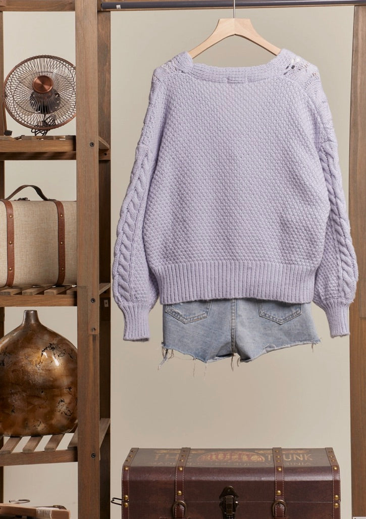 V Neck Cable Knit Cardigan with Daisy Patches-Lavender