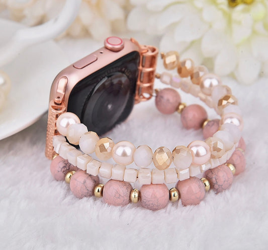 Beaded Apple Watch Elastic Bracelet Band- Pink/White Pearl