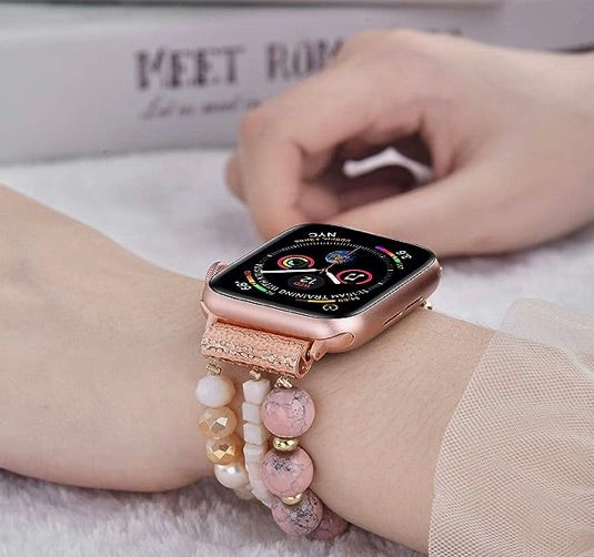 Beaded Apple Watch Elastic Bracelet Band- Pink/White Pearl