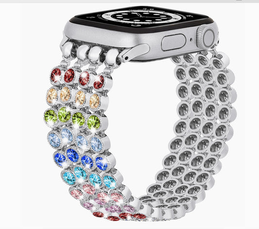 Crystal Diamond Bling Cz Silver Stretch Elastic Apple Watch-Rainbow