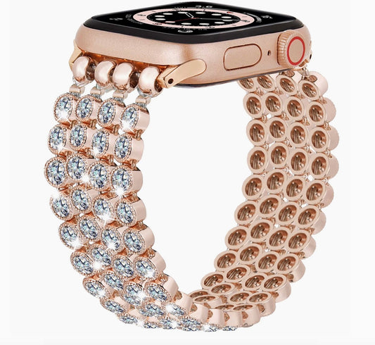 Crystal Diamond Bling Cz Silver Stretch Elastic Apple Watch-Rose Gold