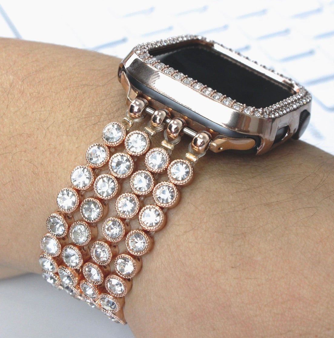Crystal Diamond Bling Cz Silver Stretch Elastic Apple Watch-Rose Gold