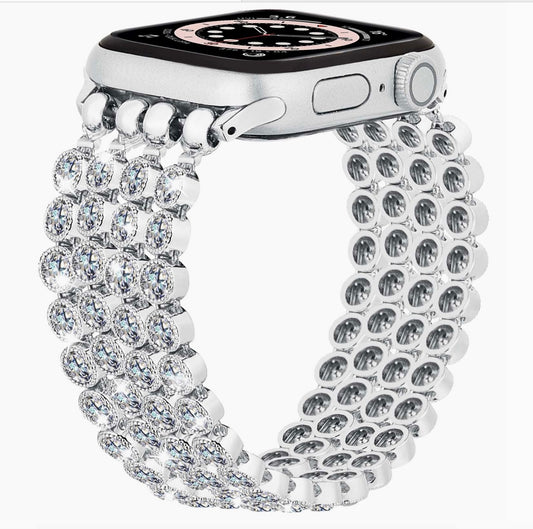 Crystal Diamond Bling Cz Silver Stretch Elastic Apple Watch-Silver