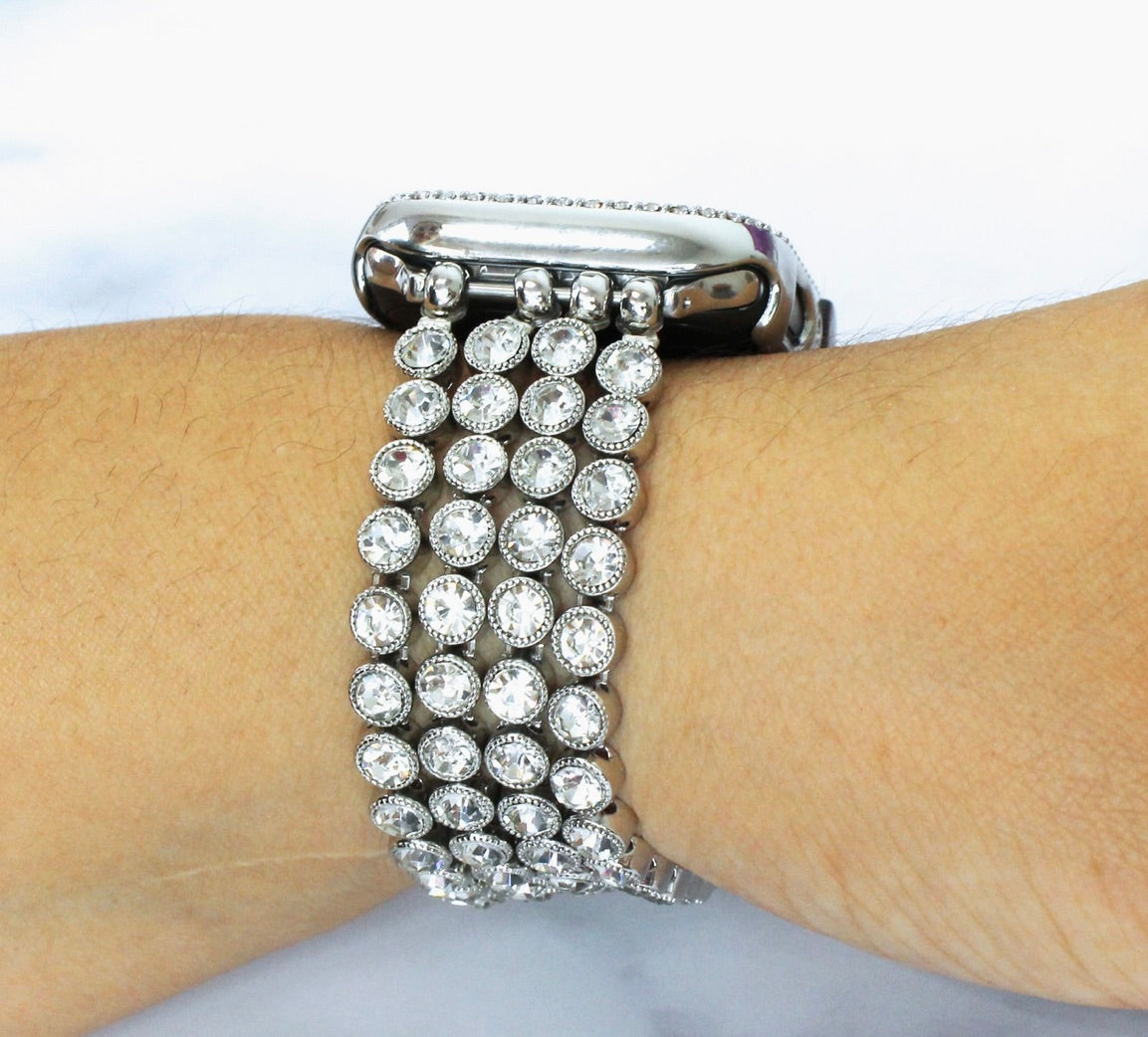 Crystal Diamond Bling Cz Silver Stretch Elastic Apple Watch-Silver