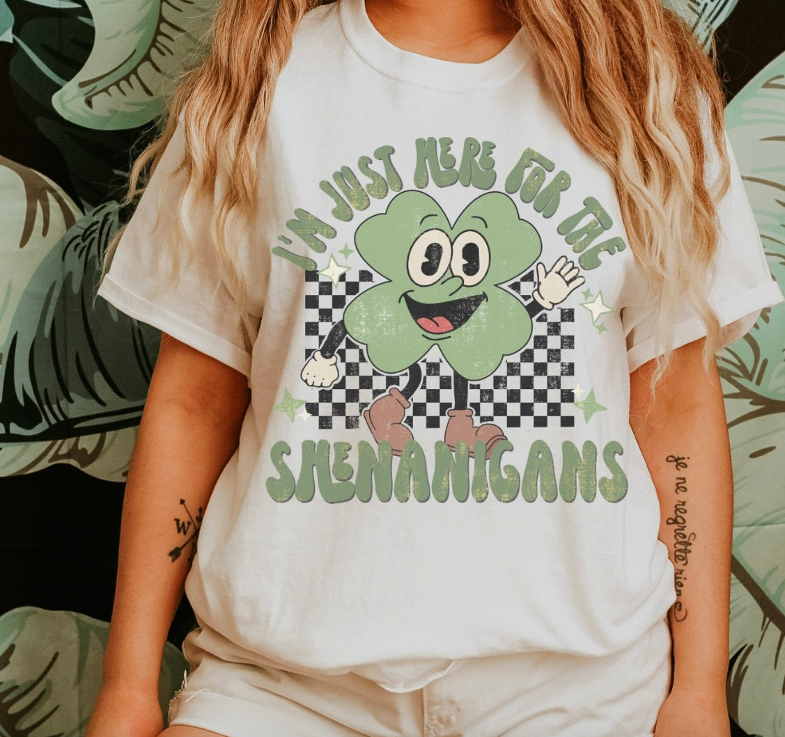 Here For the Shenanigans St Patty Clover Smiley Graphic Tee-Sage
