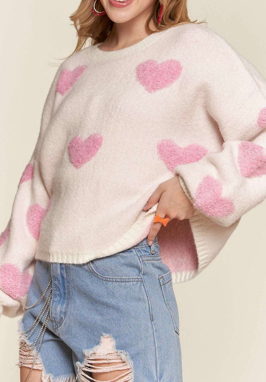 Lovely Heart Sweater Top-Ivory/Pink
