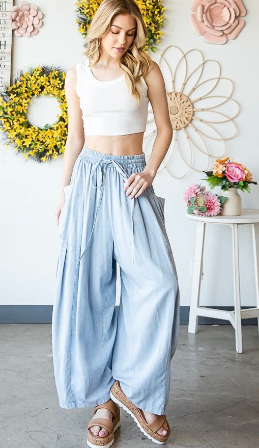 Blue-MINERAL WASHED DRAWSTRING WAIST WIDE LEG PANTS-